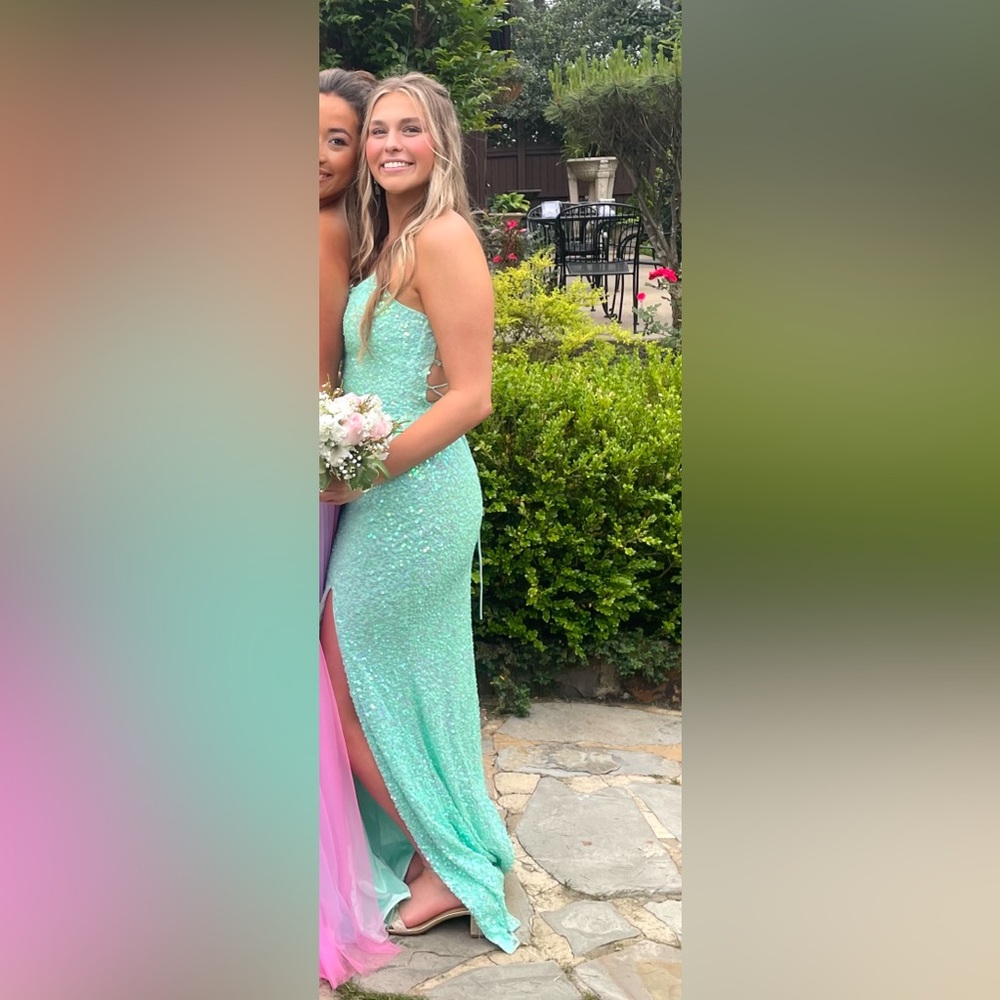 light blue mint sequin prom dress spaghetti strap size 8 strap back